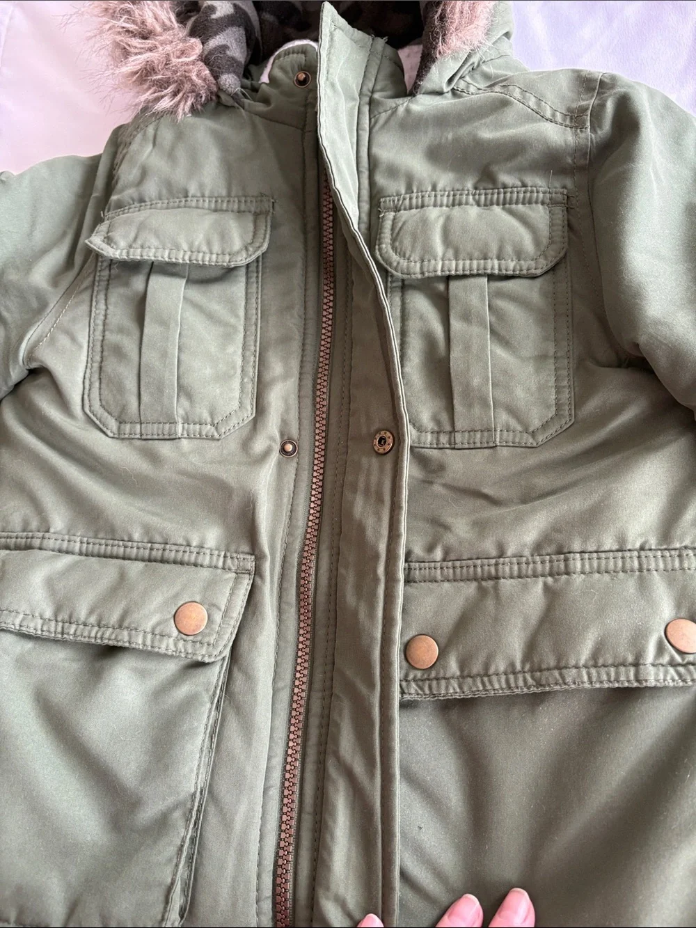 Carter's Olive Green Hooded Puffer Jacket with Faux Fur Trim size 5/6